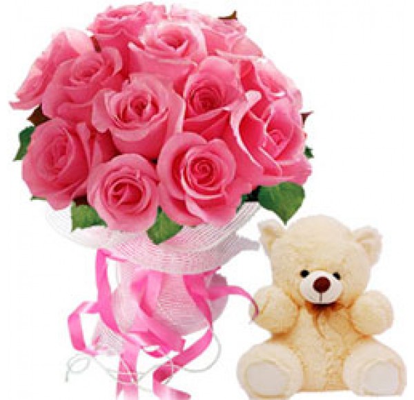 Bunch of Twelve Pink Roses and Cute Teddy Bear